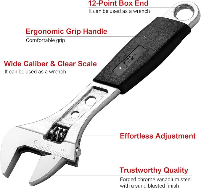 Jetech 6 Inch Adjustable Wrench with Softgrip Handle, Professional Shifter Spanner, Wide Caliber Opening, Chrome Vanadium Steel, Rust-Resistant Finish