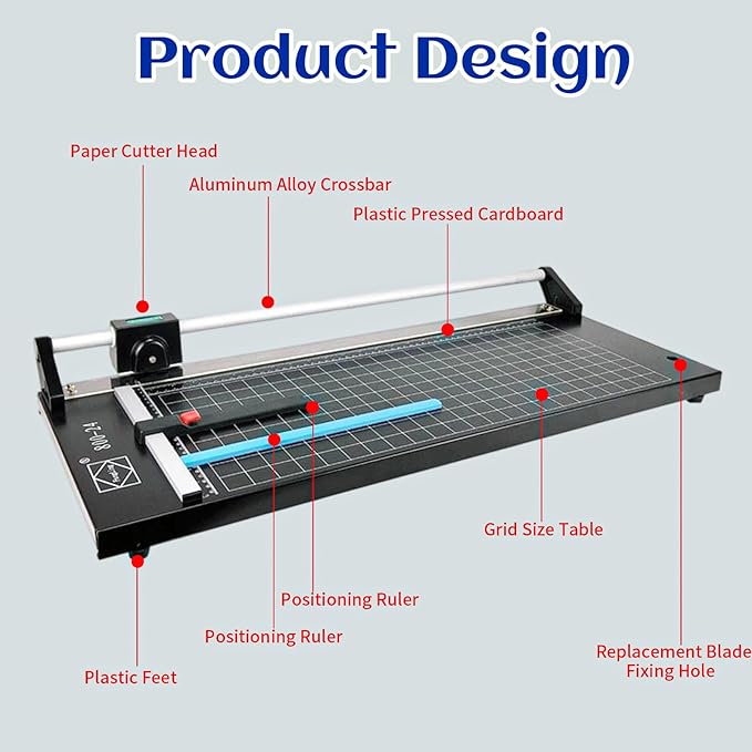 24 Inch Manual Precision Rotary Paper Trimmer, Rotary Paper Cutter Trimmer for Photo Paper, Film, Art Paper Jam, Office Paper, Thin Plastic Soft Board, Cutting Table, PVC, Professional Rolling Trimmer