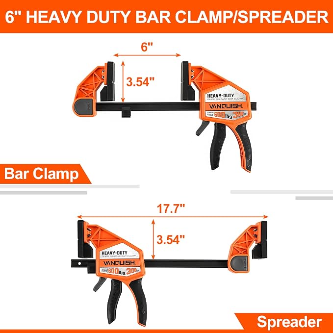 VANQUISH 6" One Hand Clamp/Spreader, 600Lbs Clamping Force, 3.4in. Throat Depth Heavy Duty Quick Release Bar Clamps, Tools & Equipment for Woodworking, Carpentry, Home Improvement, DIY