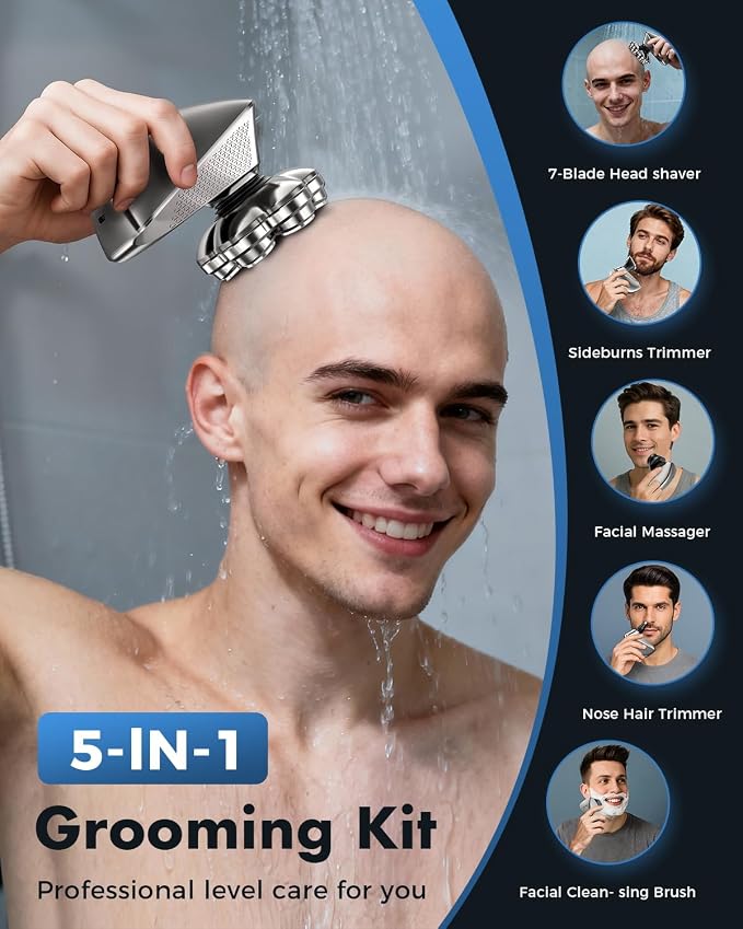 Electric Head Shavers for Bald Men, 7D Detachable Head Shaver, 5-in-1 Grooming Kit, Type-C Fast Charge, Waterproof Wet/Dry, Electric Razor, LED Display, Ideal Gift for Men-Matte Gunmetal
