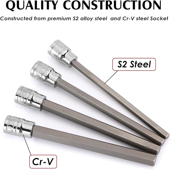 MIXPOWER 3/8 Inch Drive Long Hex Bit Socket Set, 1/16 Inch to 1/2 Inch, SAE, Extra Long Allen Hex Bit Socket Set, CR-V and S2 Steel, 10 Pieces