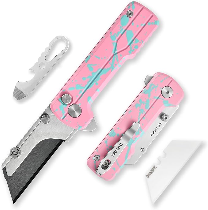 OKNIFE U1 Ultra Pocket Folding Utility Knife with Ceramic Blade, Lightweight O-Aluminum Handle Button Lock EDC Box Cutter with Clip for Men Women (Pink)