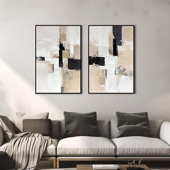 Zessonic Neutral Abstract Wall Art, Large Modern Textured Framed Canvas Wall Decor, Minimalist Prints Paintings, Earth Tone Black Beige Brown Artwork Pictures for Home, Living Room, Office, 24"x36"x2