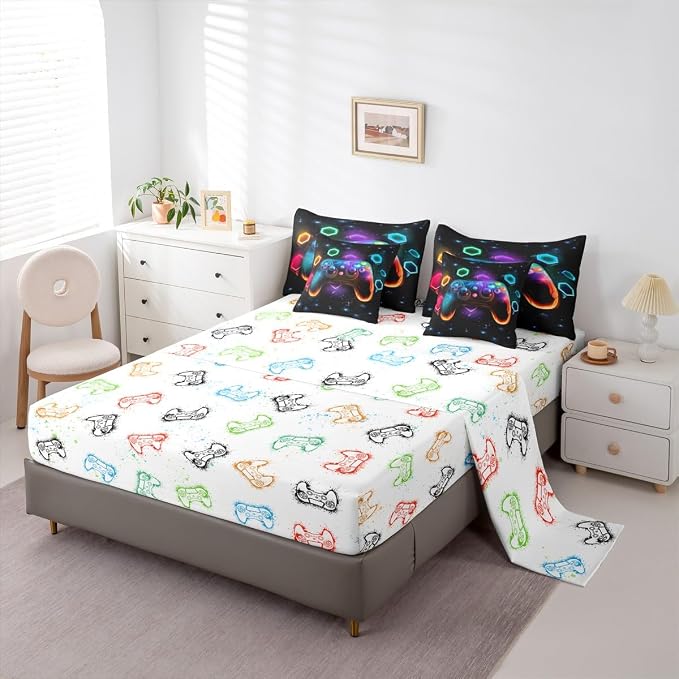 Game Consoles Gamer Bedding Set King Bed in a Bag 7 Piece Gamer Gifts,Gaming Comforter Sets for Boys Space Glow Geometric Kids Comforter Sets Boys Red Green Blue Teal,Gamer Room Decor for