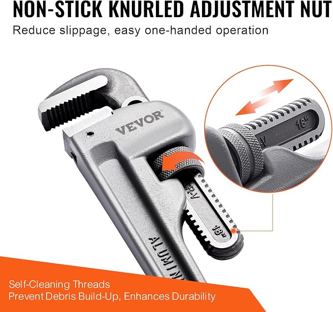 VEVOR 3-Piece Pipe Wrench Set, 10" 14" 18" Aluminum Straight Pipe Wrench, Adjustable Plumbing Wrench, with High Strength Jaw and Ergonomic Handle, Hangable Design, for Water Pipes, Automotive Repairs