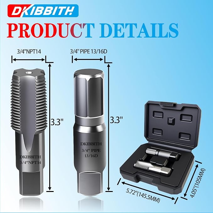 DKIBBITH 2-Piece Pipe Extractor and NPT Tap Set 3/4" - Heavy Duty Carbon Steel Tools for Removing Broken Threaded Pipes & Cutting Accurate NPT Threads - Plumbers Mechanics DIY with Storage Case.