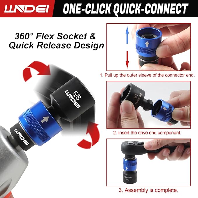LLNDEI 3/8" Drive Swivel Socket Set 29Pcs SAE/Metric CR-MO | Quick Release Wobble Sockets 8-22mm & 5/16-3/4", Ratchet, Extension & Adapters, for Engine, Suspension, Brake & Industrial