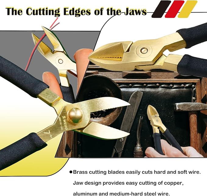 WEDO Brass Pliers Set with Non-Slip Handle - 8" Snipe Nose, 7" End Cutting, 7" Diagonal
