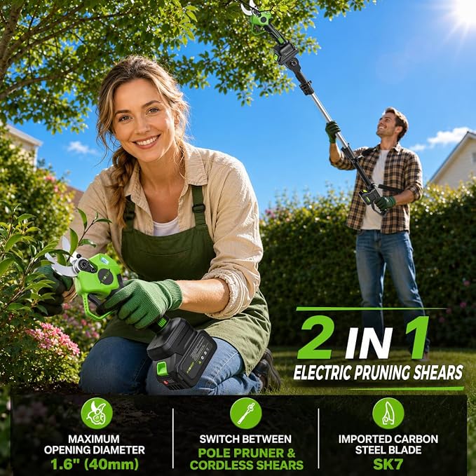 2-IN-1 Electric Pole Pruning Shears Cordless, 1.6" Cutting Diameter Cordless Pruner with 15 FT High Reach Extension Pole, 21V 4.0Ah Battery Powered Pole Pruner for Tree Trimming, LCD Display