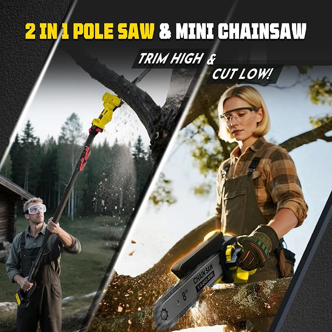 Brushless 2-IN-1 Cordless Pole Saw & Mini Chainsaw, 2× 21V 4.0Ah Battery 8 Inch Chain, Max Reach 16 Ft & Multi-Angle Electric Pole Saw for Tree Trimming, Pole Saw Battery Powered for Branch Cutting