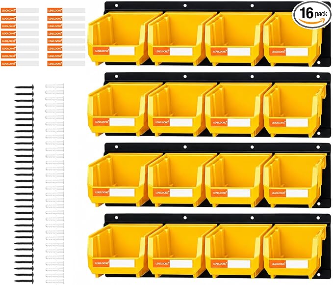16pc Wall-Mounted Storage Organizer Set with Metal Rails Yellow | Heavy duty tool organization box with metal rails. Ext 5"x4"x3" for garage screws nuts bolts.