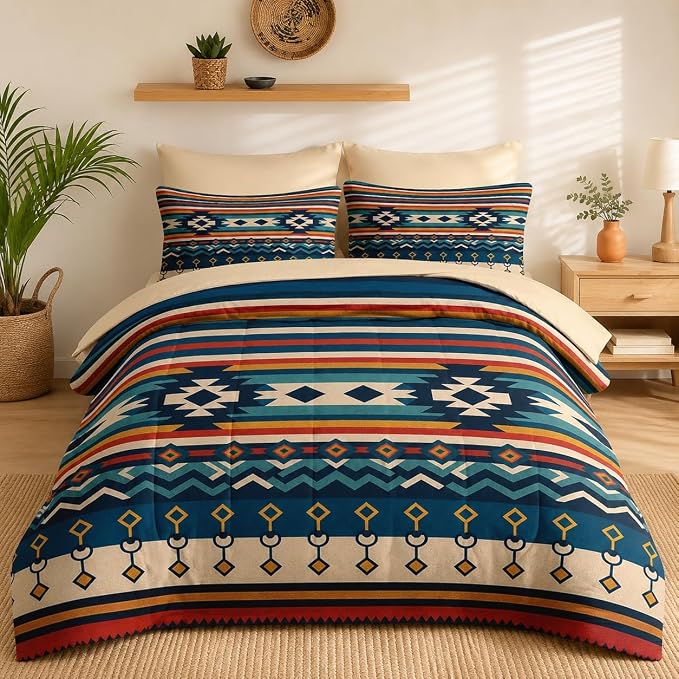 Nesker Comforter Set Twin Size, Southwest Aztec Geometric 5 Pcs Bedding for Kids and Adults, Bohemian Vintage Bed Sheet Sets with Fitted Sheet Pillowcase & Sham