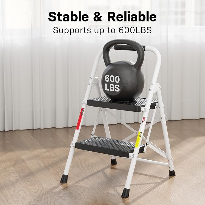 BONTEC 2-Step Ladder, Folding Step Stool, 600lbs Max Load Capacity, Sturdy Steel, Non-Slip Pedals, Lightweight, Portable Steel Ladder with Convenient Handrail, Safety Design for Home & Work, White