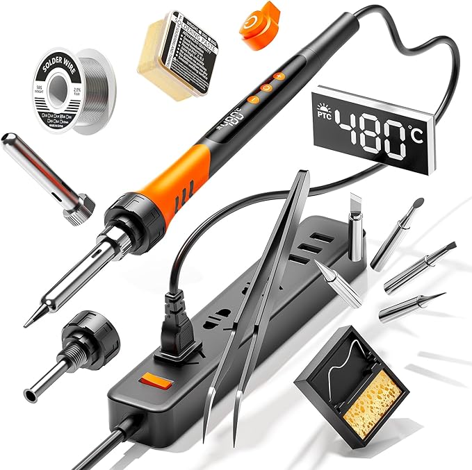 90W 110V LCD Soldering Iron, Soldering Iron Kit, 10-in-1 Soldering gun Tool, 5 Soldering Iron Tips, Solder Wire, Solder Paste, Adjustable Temperature Range 180-480°C