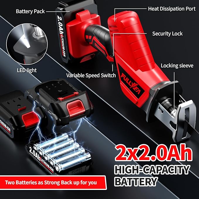 FULLYEA Reciprocating Saw Cordless, 0-3500SPM Power Reciprocating Saw with 4 Saw Blades, Tool-Free Blade Change, Variable Speed Electric Reciprocating Saws for Woods/Metal/Plastic Cutting