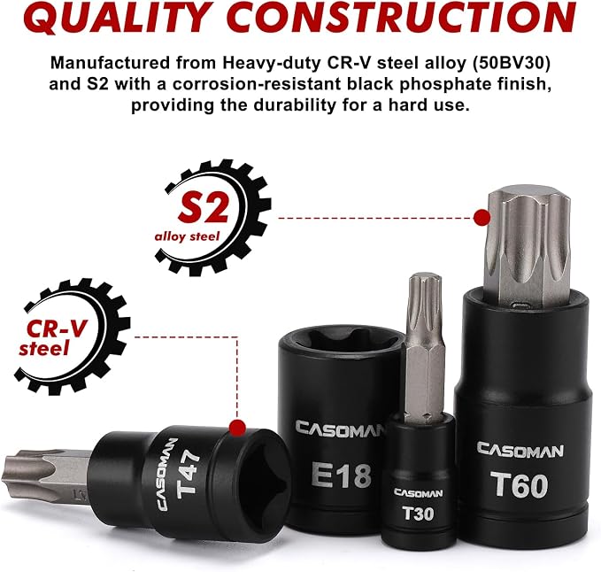 CASOMAN 32-Piece Torx Bit Socket and Female External Socket Set, 14 Star Bits (T8- T70) and 13 Female E-Torx Sockets (E4-E24), Include 5 Impact Socket Adapter