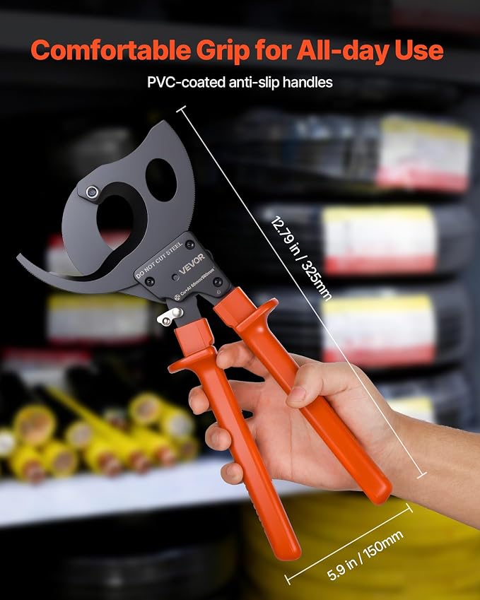 VEVOR Ratcheting Cable Cutter, Spring Steel Blades with PVC-Coated Handles, Quick-Release Button, Heavy Duty Ratchet Cable Wire Cutter for Cutting Copper & Aluminum Cables Up to 1000 MCM / 500 mm²