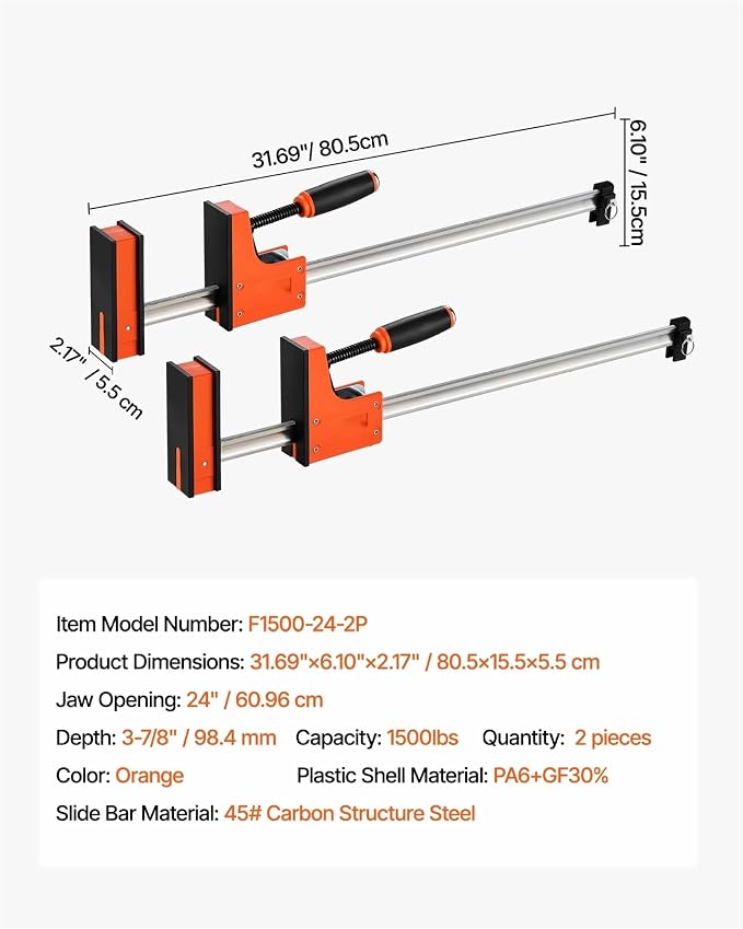 Woodworking Bar Clamps 2-Pack, 24 inch Parallel F Clamps - 1500 lbs Capacity, High-Strength Plastic & Carbon Steel - for Wood & Metal Projects, Even Pressure