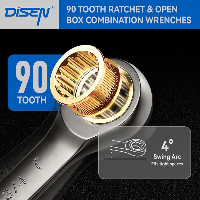 DISEN Ratcheting Wrenches Set 90 Tooth Fixd-Head with Nickel Plating 26 Pcs | Ratchet Wrenches Set 13pcs Metric(6-19MM) +13pcs SAE (1/4-13/16In) with Organizer Racks per Set, Cr-V, for DIY Holiday Gift