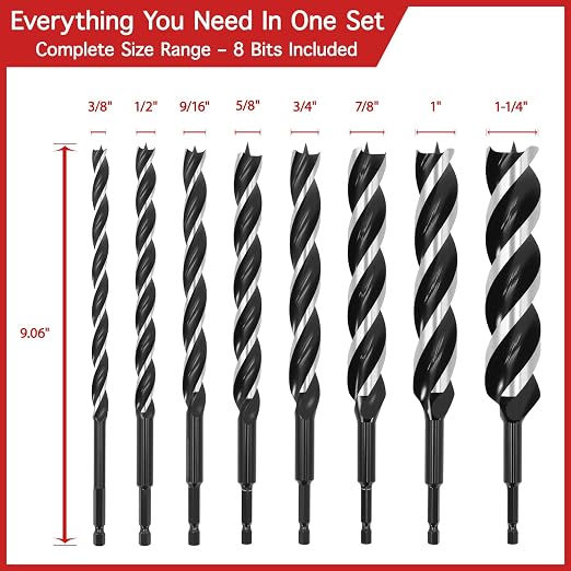 Auger Drill Bit Set for Wood – 8pcs Hex Shank Wood Auger Drill Bits with Wooden Storage Case, 9" Length, 3/8" to 1-1/4", Heavy Duty Bits for Softwood and Hardwood