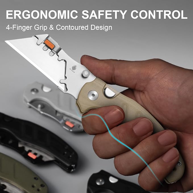 Kizer C01C Uti 2 (Tool-Free Version) Utility Knife, Button Liner Lock Box Cutter Pocket Knife with 5PCS Razor Blades, Thumb Stud Folding Knives with Brown G10 Handle for Men Women V3488.29JNA2