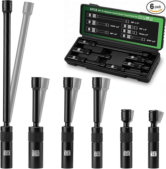 TecoTek 6-Piece 3/8" Drive Magnetic Swivel Spark Plug Socket Set, 12-Point, Includes 9/16", 5/8", 13/16", 14mm Sockets with 4", 6", 11" Extensions for Automotive Repair