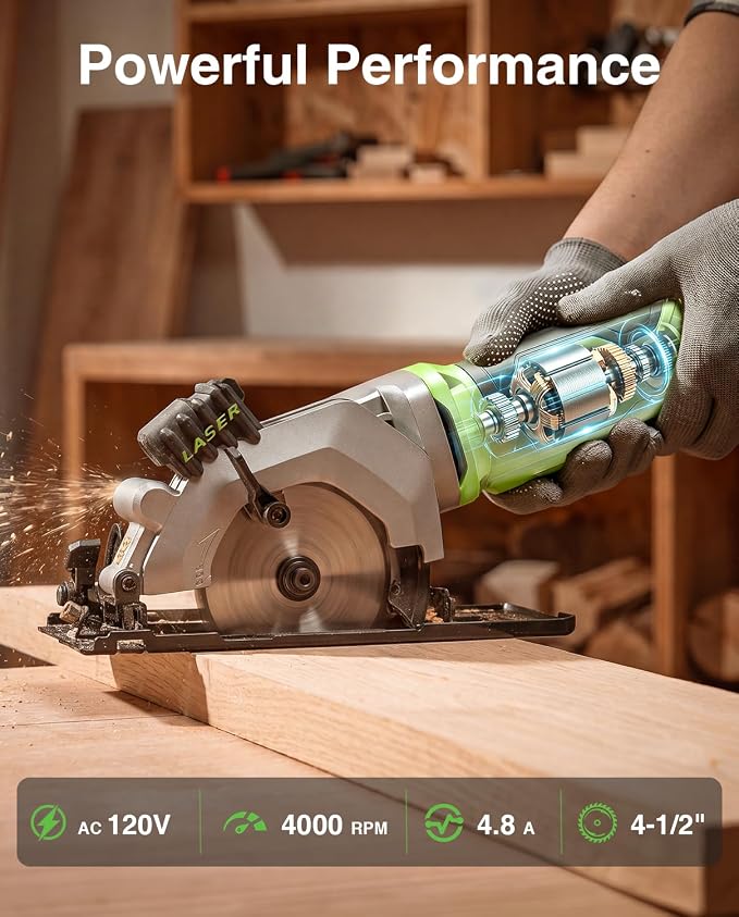 TaskStar Mini Circular Saw with Laser Guide: 4.8A 4000RPM Compact Corded Power Cutter, 4-1/2 in Electric Hand Tool with Rip Fence, 3 Blades for Wood, Soft Metal, Tile, Plastic Cutting