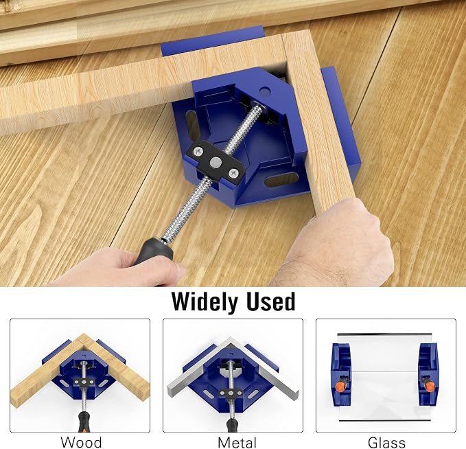 Right Angle Clamp, Housolution [4 PACK] Single Handle 90° Aluminum Alloy Corner Clamp, Right Angle Clip Clamp Tool Woodworking Photo Frame Vise Holder with Adjustable Swing Jaw - Blue
