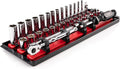 TEKTON 1/4 Inch Drive 6-Point Socket and Ratchet Set with Rails and Tray, 35-Piece (4-15 mm) | SKT03201