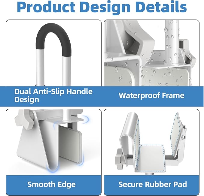 Butizone Adjustable Shower Grab Bars - Clamp-On Anti-Slip Bathtub Safety Rail for Elderly, Fits 3" to 7" Tub Walls, Supports Up to 300lbs