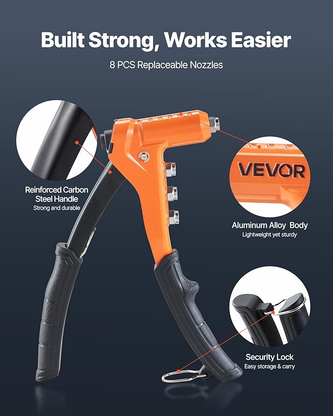 VEVOR Rivet Nut Tool Kit, 9-Inch One-Handed Rivnut Tool Kit, with 8 Mandrels, a Step Drill Bit and 80 Nuts, Metric and SAE Size M3, M4, M5, M6, 6-32, 8-32, 10-24, 1/4-20 UNC, with a Carrying Case