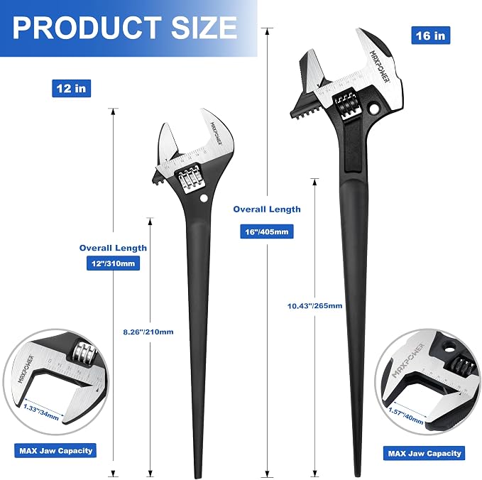 MAXPOWER Spud Wrench Set, 16" 4-in-1 & 12" Spud Wrench, Tether Hole, Cr-V | 16" Multi-Purpose Design ( Striking, Gripping, Aligning & Prying ), Tether-Ready Design, Smooth Jaw Adjustment, Easy Storage