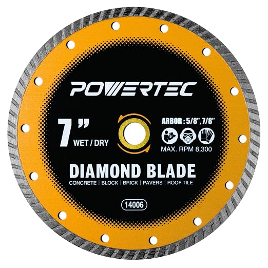 POWERTEC 7" Turbo Diamond Saw Blade for Wet Tile Saw, Diamond Blade for Cutting Concrete, Granite, Brick, Paver, Roofing Tile, 7 inch Diamond Blades for Wet/Dry Cutting, 1 Pack (14006)