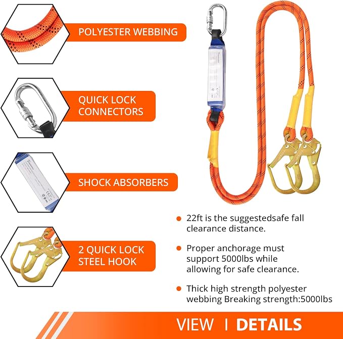 TRSMIMA Safety Harness Fall Protection - Harness Kit for Men Construction | Fall Arrest Roofing Harness Kit Men Full Body Harness with Lanyard for Work Upgrade 4 Quick Buckles Orange