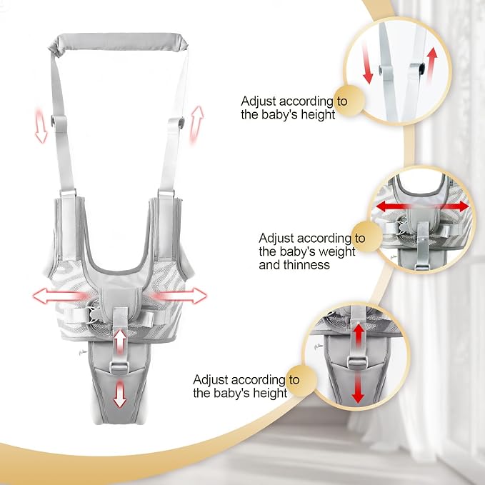 Baby Walking Harness - Handheld Toddler Walker Helper with Detachable Crotch, Adjustable Traction Strap, Breathable Fabric, Infant Walking Assistant Belt with for 9-24 Months (Grey)