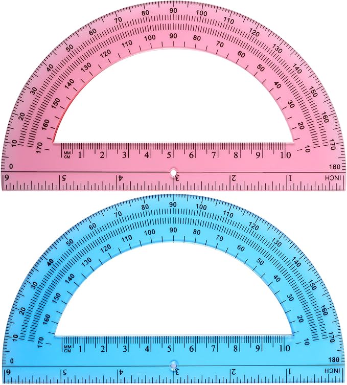 EBOOT Plastic Protractor Math Protractors 180 Degrees, 6 Inch, Pack of 2 (Pink, Blue)