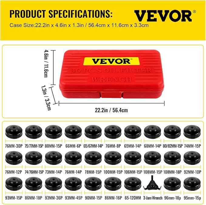 VEVOR Oil Filter Socket Set, 30 Pcs, Steel, Black, 3-Jam Wrench