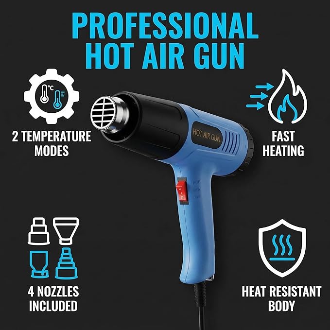 Heat Gun, 572-1112°F Dual Temperature, 2-Speed Switch, 110V with 4Pcs Nozzles, Built-in Overload Protection, 4.9FT Long Cord, for Heat Shrink Tubing, Electronics Repair and Packaging (Standard) (Blue)