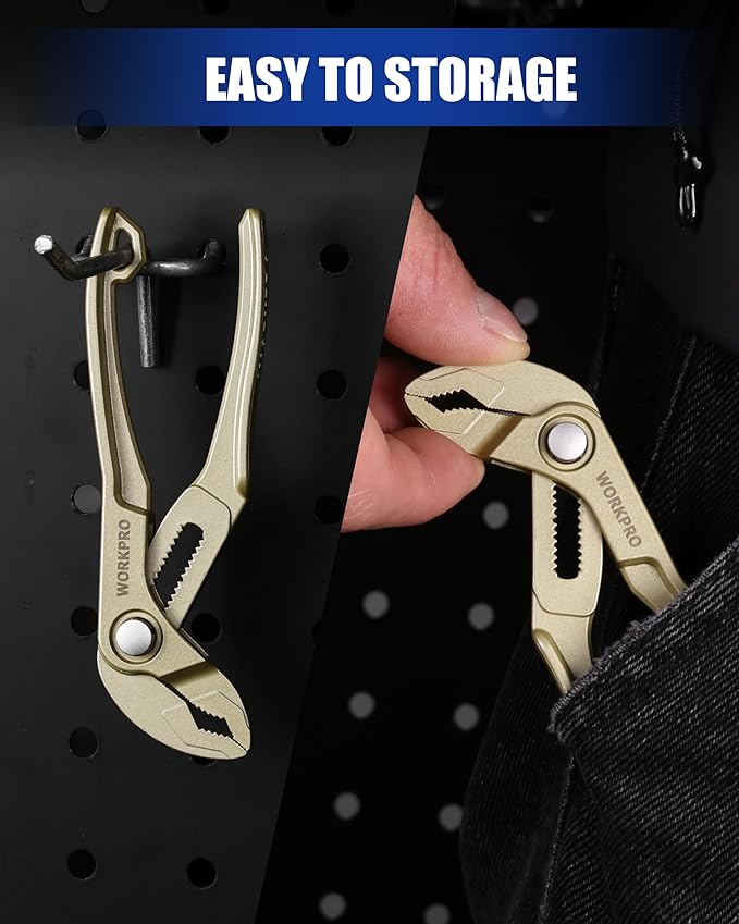 WORKPRO Mini Water Pump Pliers, 4-Inch Groove Joint Pliers, Fast Adjustable Tongue and Groove Plier with 15-Position Push-Lock, V-Jaw for Multi-Surface Grip, EDC Plier for Tight Spaces & Versatile Use