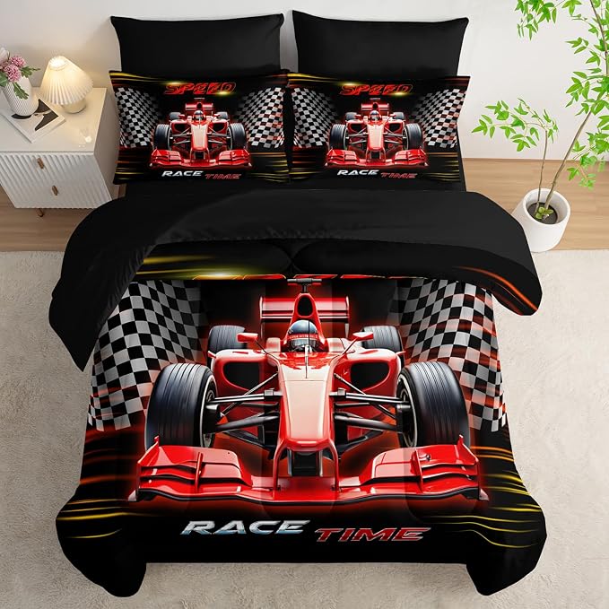 Red Race Car Comforter Set Twin Size,Black White Checkered Racing Flag Bedding Set for Kids Boys Room Decor,7Pcs Cool Sports Themed Bedding with Comforter,Fitted Sheet,Flat Sheet,Pillowcases.