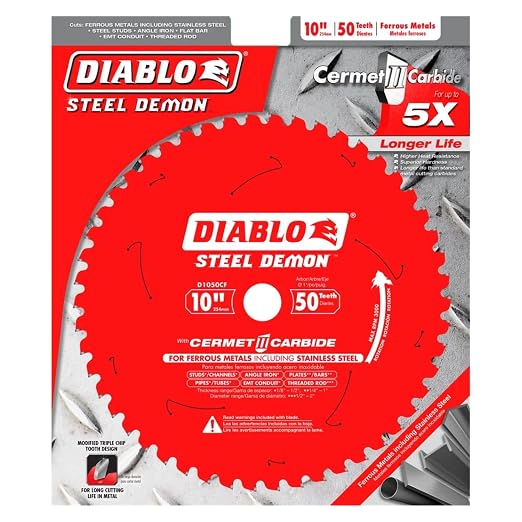 Diablo Steel Demon Cermet II Saw Blade for Medium Metal - 10" Diameter, 50 TCG Teeth, 1" Arbor, .083" Kerf, 0° Hook Angle, .071" Plate, 3000 Max RPM - D1050CF