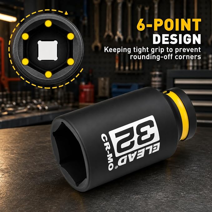 ELEAD 32 mm Socket 1/2" Drive Deep Impact Socket, Metric 6 Point 1/2-inch Drive Impact Axle Nut Sockets, CR-MO Nut Socket Set, Tools for Easy Removal of Axle Shaft Nuts