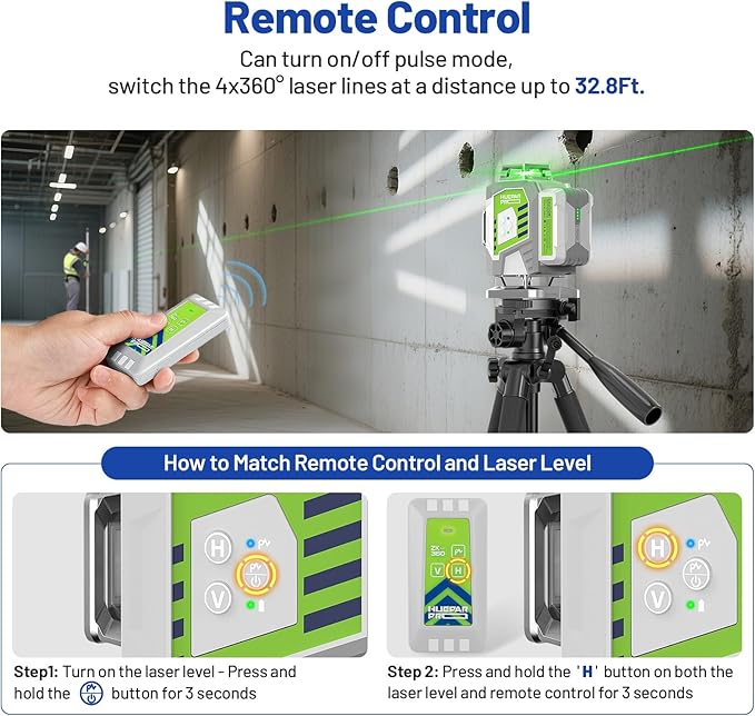 Huepar Pro Laser Level 360 Self Leveling, 4x360° Green Cross Line Laser Tool with Remote Control & Rechargeable Battery, High Accuracy 4D Laser for Construction, Magnetic Bracket -ZK04CG