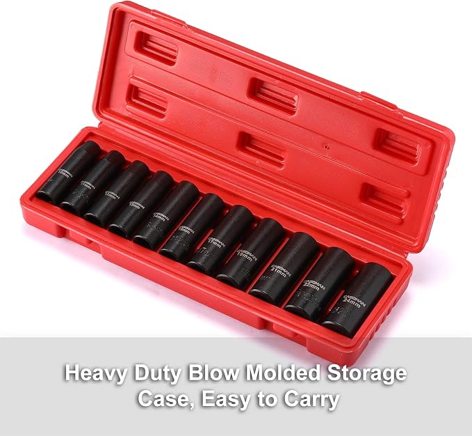 CASOMAN 11 Pieces 1/2-Inch Drive Deep Impact Socket Set, 6-Point, Metric, 10mm to 24mm
