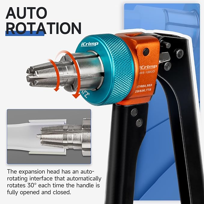 iCrimp PEX Expansion Tool Kit for F1960 / ProPEX Systems, Indexed Auto-Rotating Heads with Ring Removal Tool, 3/8", 1/2", 3/4" & 1" Manual Expander Kit