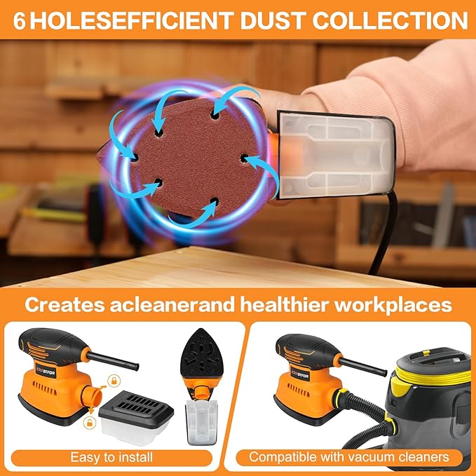 Detail Sander,14000OPM Plam Sander with Vacuum Dust collector, 1.1A Sander Tool,20Pcs Sandpapers Drywall Sanders for Woodworking