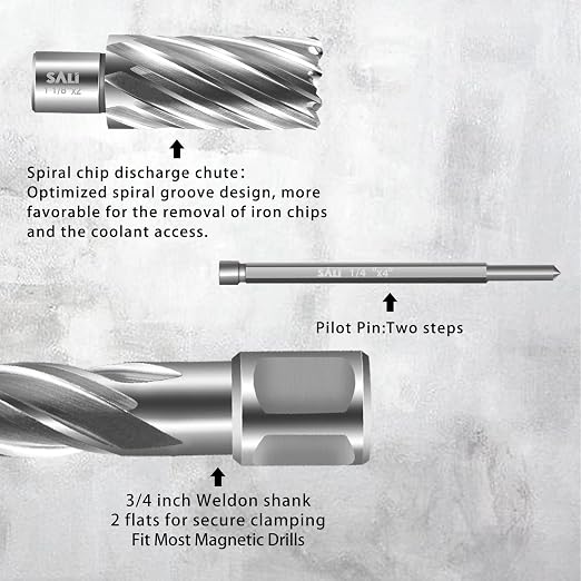 SALI Annular Cutter Diameter 2 Inch with Weldon Shank 3/4" (with 2 Flats) Cutting Depth 2" Mag Drill Bit for Magnetic Drill Press HSS Fully Ground Drill with One 1/4"*4" Pilot Pin