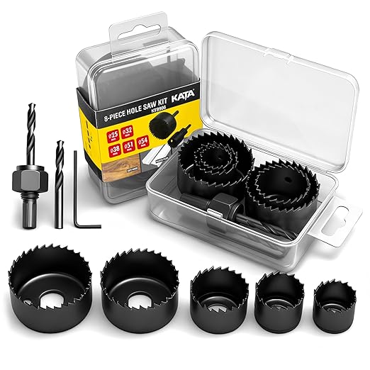KATA 8PCS Hole Saw Kit 1" to 2-1/8"(25-54mm) Hole Saw Set in Case with Mandrels and Hex Key for Soft Wood, PVC Board, Plywood