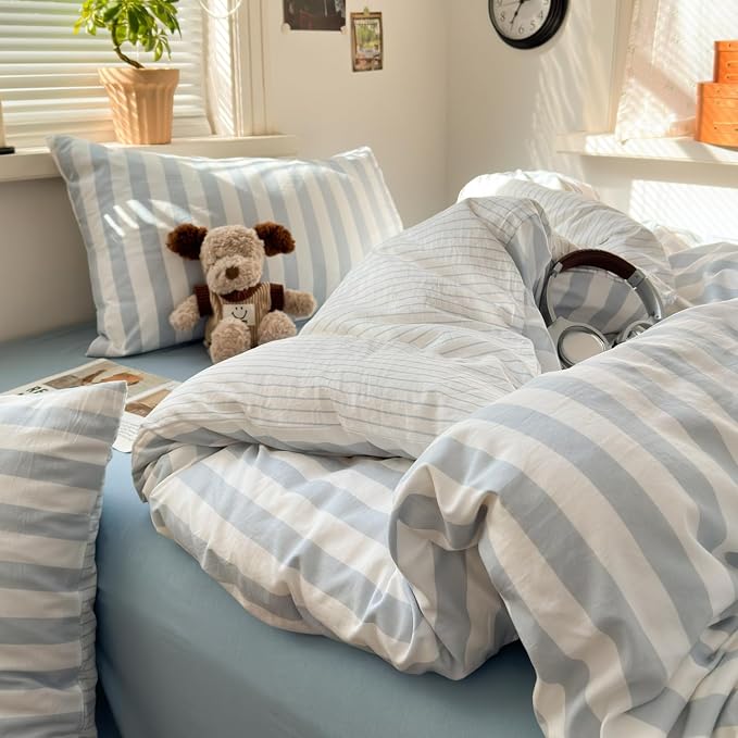 Sedefen Striped Duvet Cover Queen Size, 3 Pieces Grey White Stripe Bedding Set Kids Boys Girls, Retro Geometry Stripes Patterned Soft Microfiber Duvet Cover Set