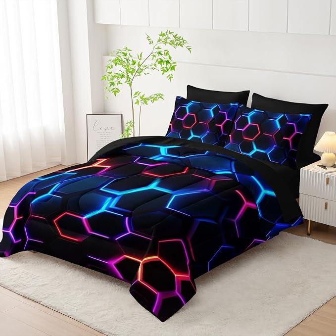 Geometric Full Comforter Set,Colorful Neon Lights Honeycomb Bedding Set 7 Piece with Comforter Fitted Sheet Flat Sheet Pillowcases,Bed Sets Geometry Decor,Microfiber Lightweight All Season.